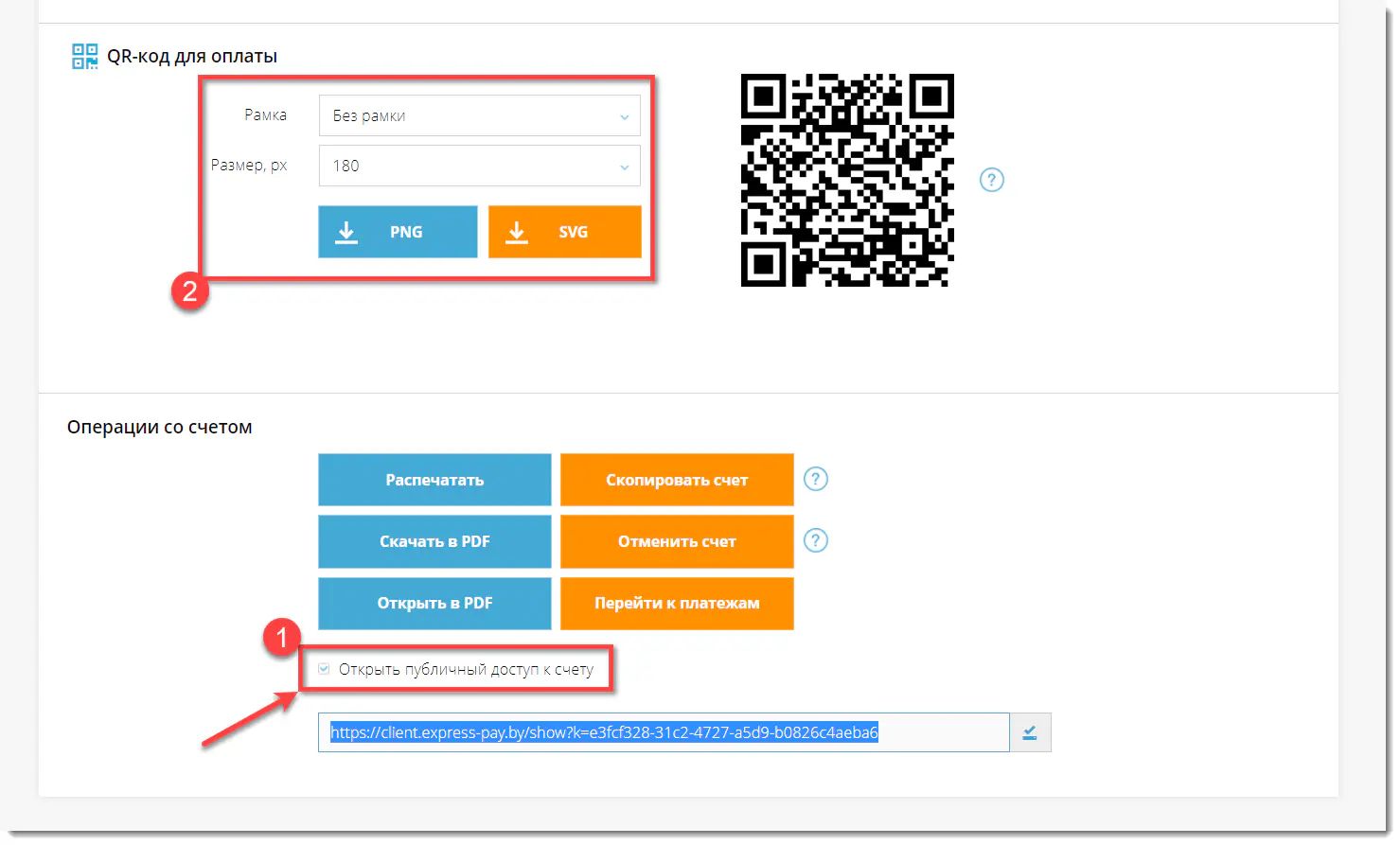 Открытие публичного доступа к счету и манипуляции с QR-кодом